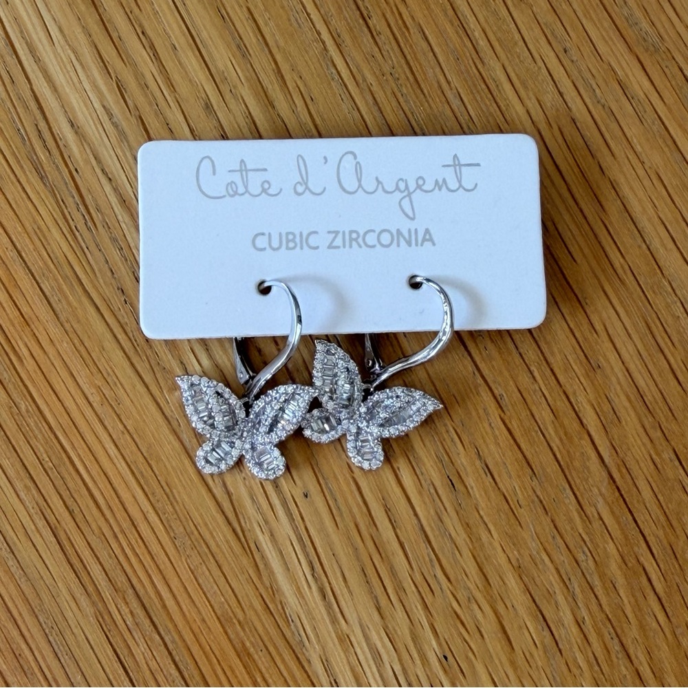 Cate d'Argent Silver Butterfly drop Earrings nwt with crystals
